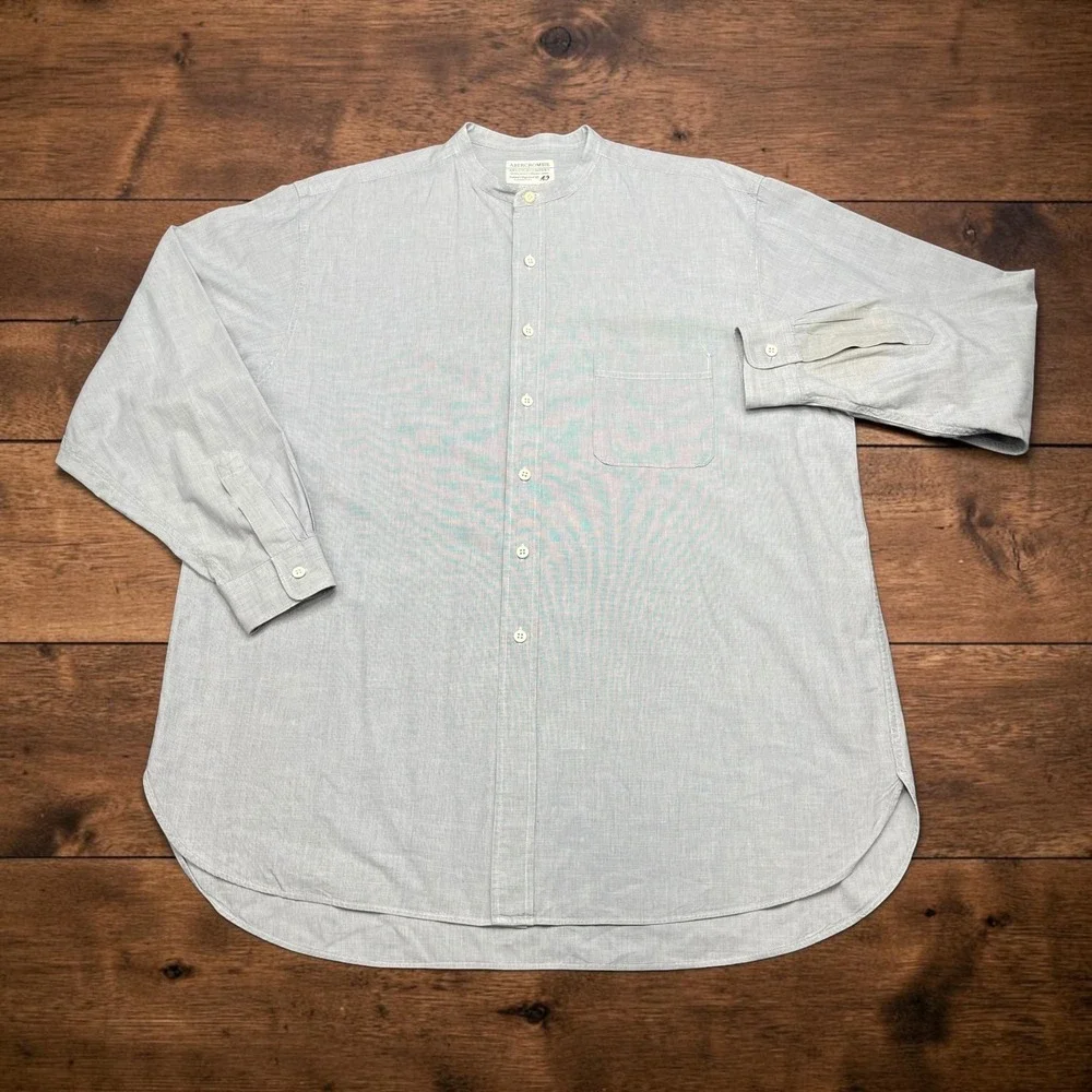 Y2K Abercrombie & Fitch Mens Band Collar Shirt Grey Micro Gingham Cotton Large L